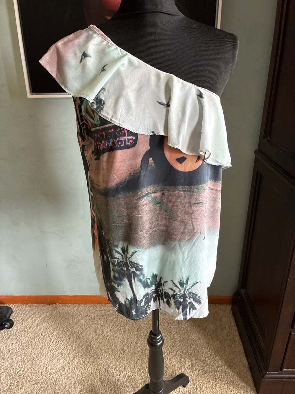 True Religion One-Shoulder Ruffle Graphic Print Top Sz M A431